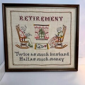 Vintage Framed Embroidered Crossstich Retirement Art